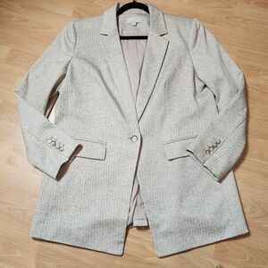 Ann Taylor Loft Ponte Marled Beige Pinstripe Ponte Blazer Jacket Size 14 Like Ne